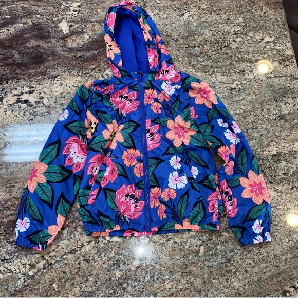 Gymboree Size Large (10-12) Blue Zip-Up Windbreaker with Pink, Peach Flowers - Picture 1 of 14